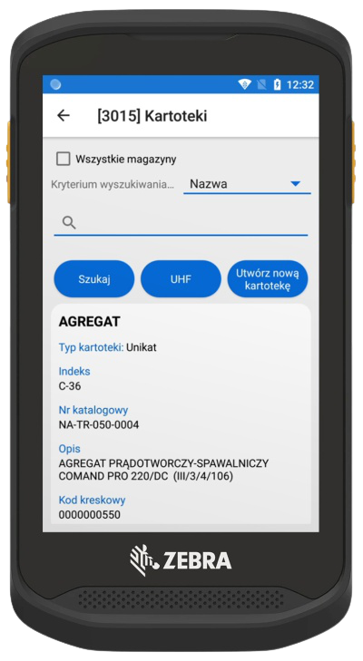 Lista kartotek magazynowych w aplikacji mobilnej Narzędziownia z wyszukiwarką i filtrem magazynu