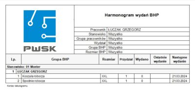 Wydrukowany harmonogram wydań BHP wygenerowany w programie Narzędziownia