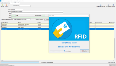 Okno potwierdzenia pobrania środka BHP kartą RFID w programie Narzędziownia