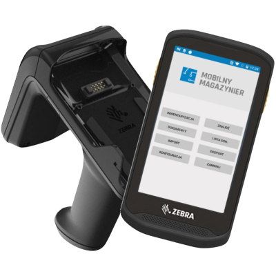 Mobilny terminal Zebra z aplikacją Mobilny Magazynier w uchwycie pistoletowym